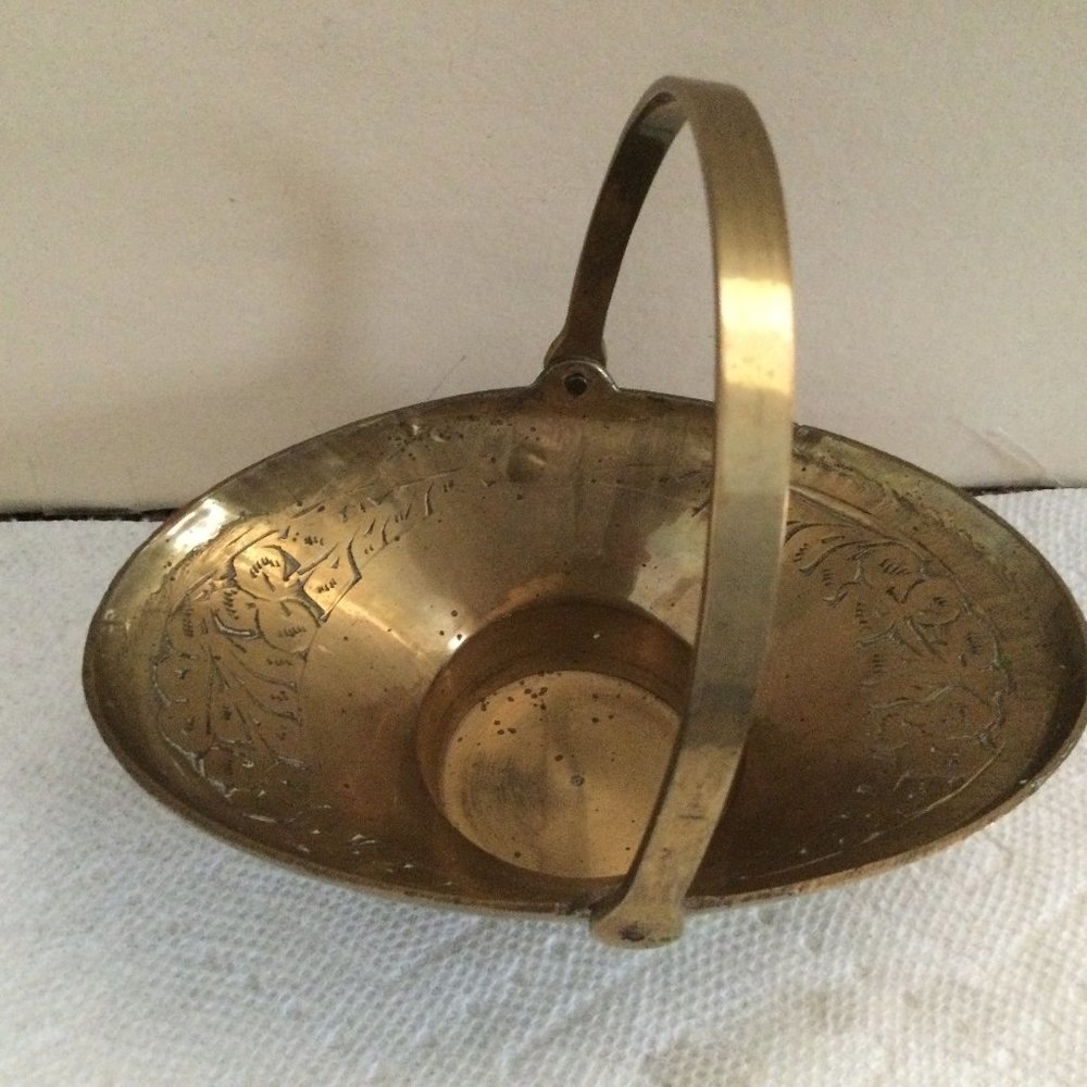 Carved solid brass small handled basket made in India likely vintage